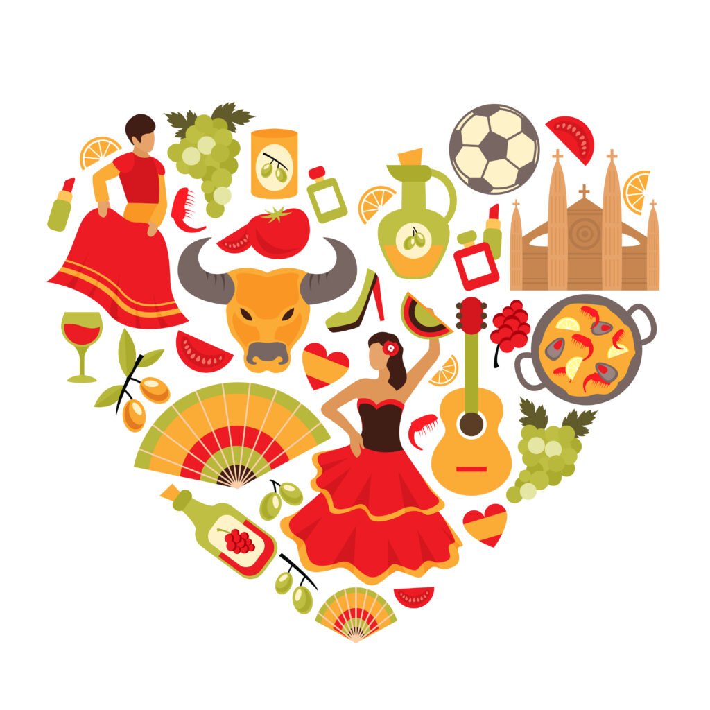 Dekoracyjne hiszpańskie, tradycje kulturowe, taniec flamenco, winogrona, winorośle, kształt serca