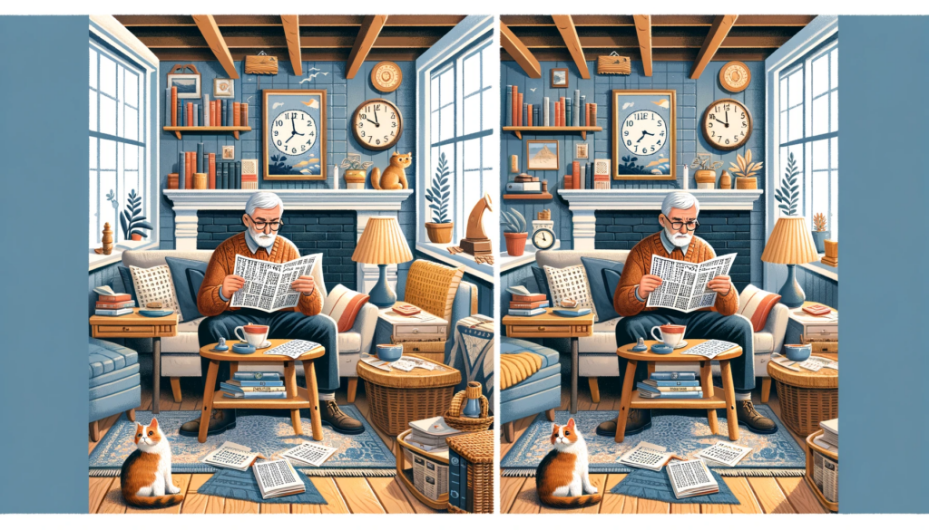 DALL·E 2024 01 15 04.22.43 Create an image of a cozy living room with two similar scenes side by side designed for a spot the difference puzzle. Each scene should depict a se - Uniwersytet Trzeciego Wieku Online