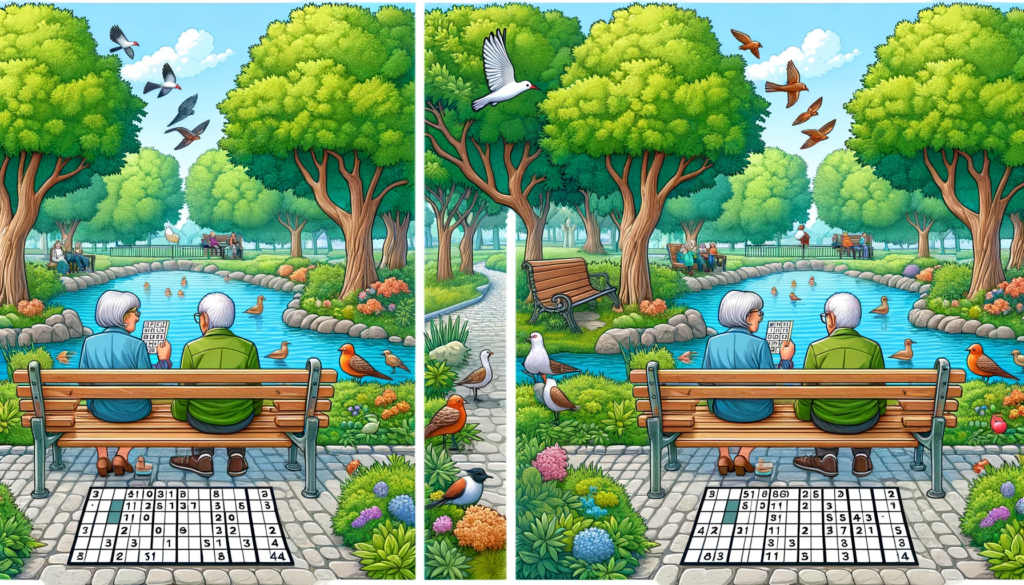 DALL·E 2024 01 15 04.23.20 Generate an image showing two nearly identical park scenes side by side for a find the differences puzzle. Each scene should feature a senior coupl - Uniwersytet Trzeciego Wieku Online